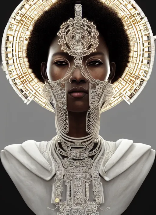 Prompt: white statue!! portrait of a cyberpunk machine, machine face, upper half portrait, decorated with beads, african man, traditional chinese art, intricate, elegant, highly detailed, headpiece, digital painting, artstation, concept art, smooth, sharp focus, illustration, art by artgerm and greg rutkowski and alphonse mucha, 8 k