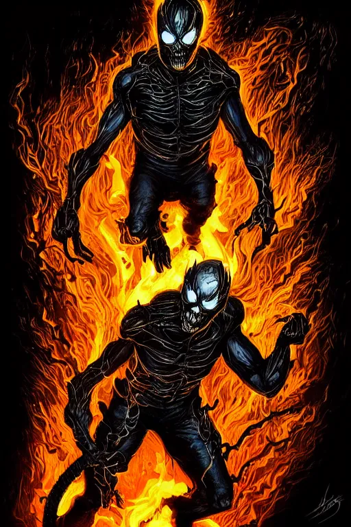 Image similar to ghost rider symbiote, comic strip style, dynamic lighting, fantasy concept art, trending on art station, stunning visuals, creative, cinematic, portrait, ultra detailed