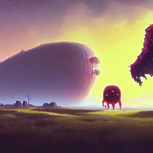 Image similar to giant creature lurking over a cowering smaller creature, in the foreground a small town, epic science fiction horror by Simon Stalenhag and Mark Brooks, extremely detailed