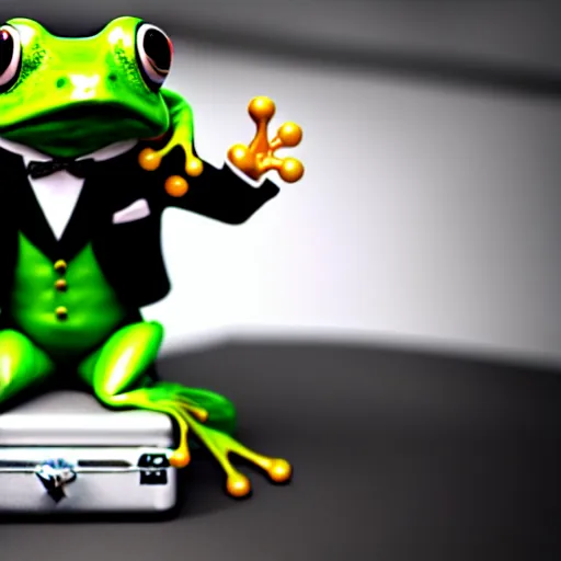 Prompt: a frog in a tuxedo suit holding a suitcase, hyperrealistic, octane render, 3D