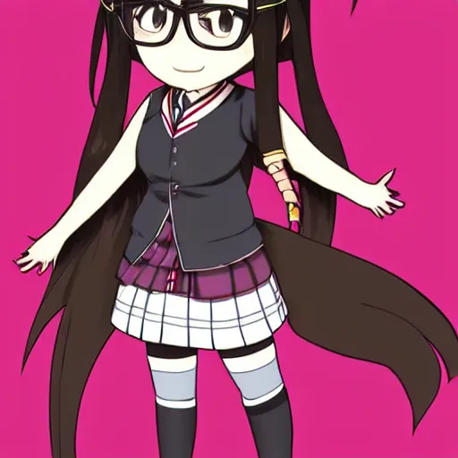 Prompt: an extremely adorable chibi of toko fukawa from danganronpa, a japanese girl with two plaits in her hair and side bangs and glasses, character art, adorable, author, toko fukawa, chibi