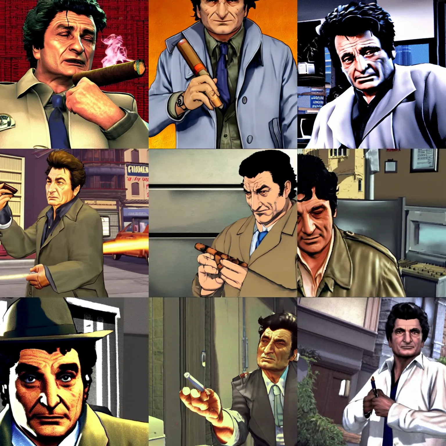 Prompt: screenshot of police detective columbo ( played by young peter falk ) in his messy trenchcoat, smoking a cigar while rubbing his head in street fighter 4 on the ps 4