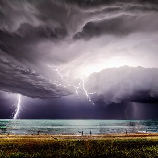 Prompt: Photorealistic photograph of thunderstorm by Suzi Eszterhas, photorealism, photorealistic, realism, real, highly detailed, ultra detailed, detailed, f/2.8L Canon EF IS lens, Canon EOS-1D Mark II, Wildlife Photographer of the Year, Pulitzer Prize for Photography, 8k