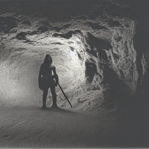 Image similar to beautiful dark painting of a tusken raider in a cave, dark horror, dramatic lighting by george lucas, cinestill, 3 5 mm