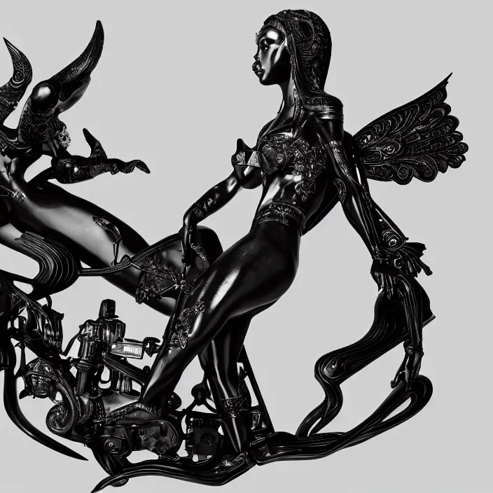 Prompt: fine art statue of masculine black egyptian god on a surrealist motorbike, ebony art deco, carved black marble, inlaid with ebony and gold accents, ebony rococo, wings black lace wear, sculpted by spider zero, zaha hadid, beautifully lit, hyper detailed, intricate, elite, ornate, photorealistic, micro details, 3 d sculpture, ray trace