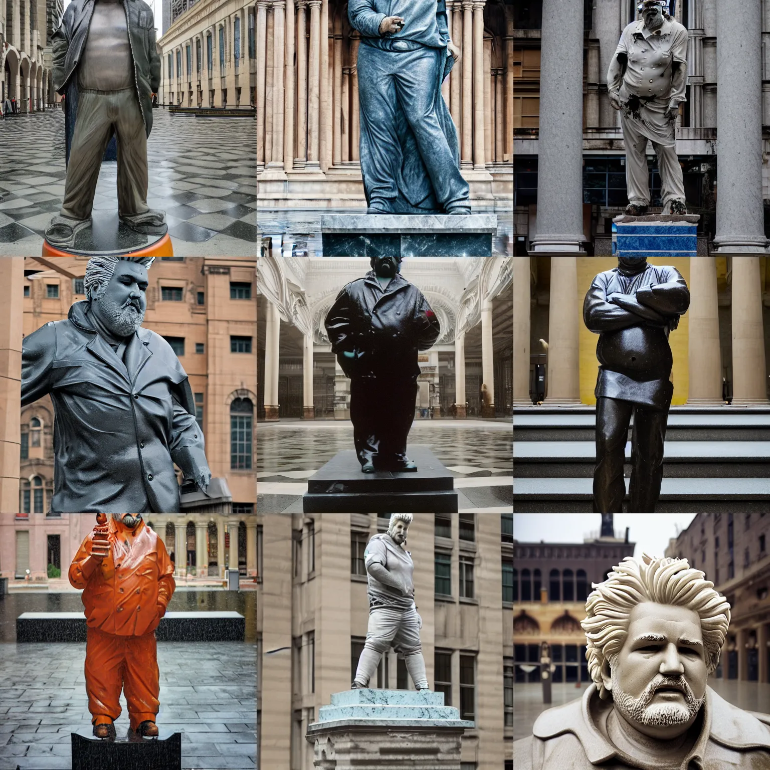 Prompt: A monumental marble sculpture of Guy Fieri, in the middle of a rainy courtyard,, natural lighting, museum catalog photography, F 2.8, 85mm Velvia 100, high DOF