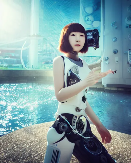 Image similar to beautiful centered photo of korean girl as a solarpunk cyborg with white mechanical parts and implanted bright halogen lamps, treading above calm water, ultra - realistic and detailed, sun lit, white background, bokeh, soft focus, slow exposure hdr 8 k