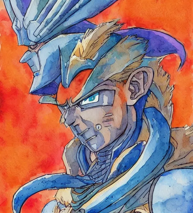 Image similar to a 3 / 4 view watercolor ink painting of goku as a knight in the style of jean giraud in the style of moebius trending on artstation deviantart pinterest detailed realistic hd 8 k high resolution