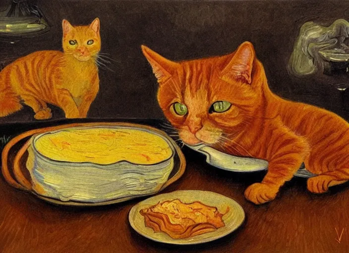 Image similar to detailed realistic realism painting of orange tabby cat eating lasagna at dusk, in the style of vincent van gogh and salvador dali and leonardo da vinci