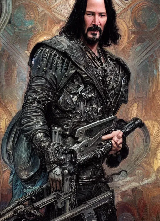 Image similar to Keanu Reeves as God of Guns, brutal, epic, intricate, elegant, highly detailed, digital painting, 4k, HDR, concept art, smooth, sharp focus, illustration, art by alphonse mucha,artgerm, H R Giger