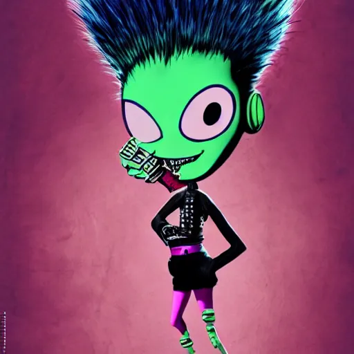 Image similar to a pink punk rock rapper alien with black spiked hair, an airbrush painting by Jamie Hewlett, cgsociety, symbolism, antichrist, aesthetic, 8k