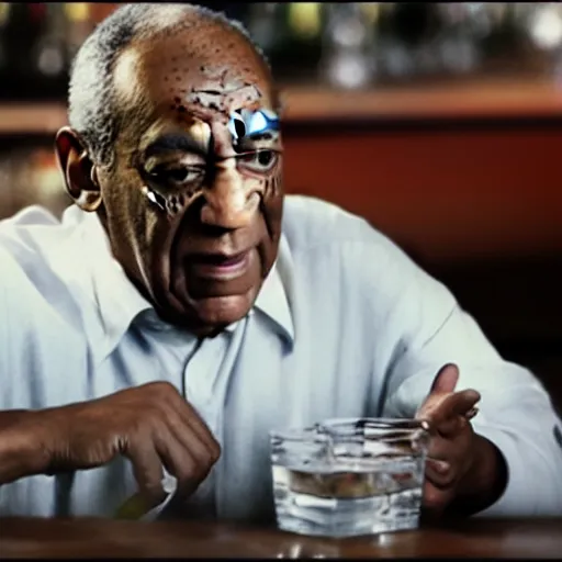 Prompt: bill cosby serving drinks at a bar. photorealistic ultra high definition. movie still.