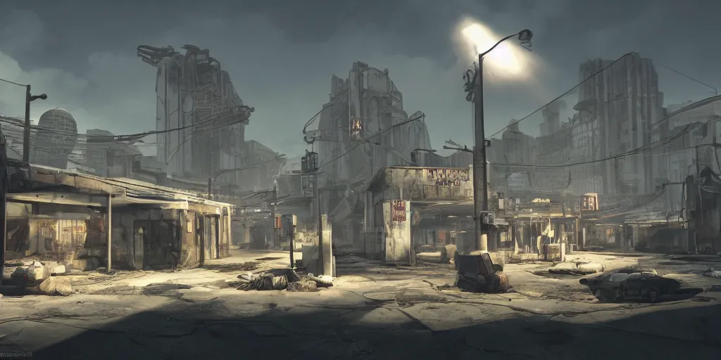 Image similar to fallout concept art neodeco render grim realistic lighting unreal engine 5