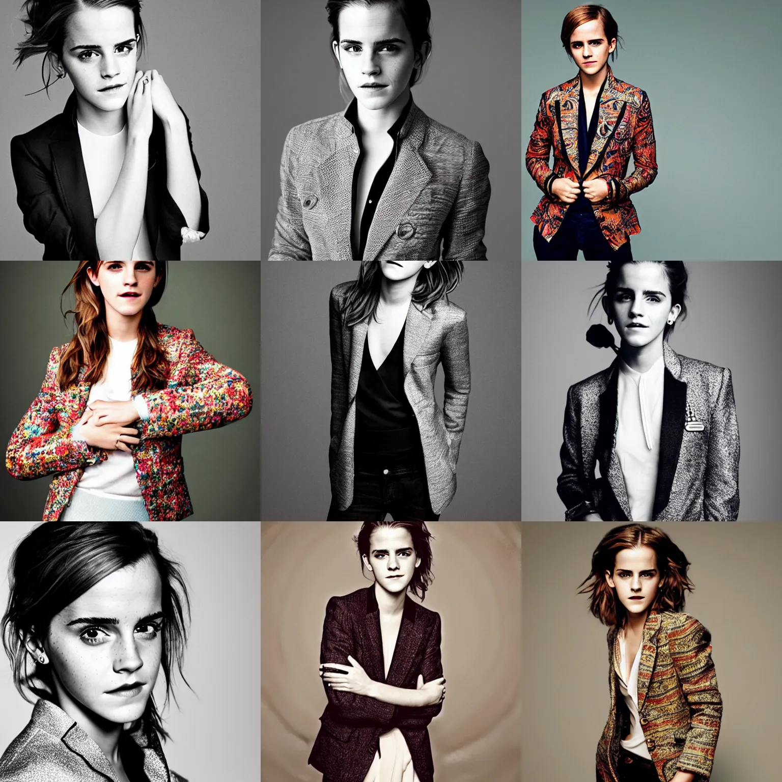 Prompt: Photo of Emma Watson wearing a baroque blazer, soft studio lighting, photo taken by Martin Schoeller for Abercrombie and Fitch, award-winning photograph, 24mm f/1.4