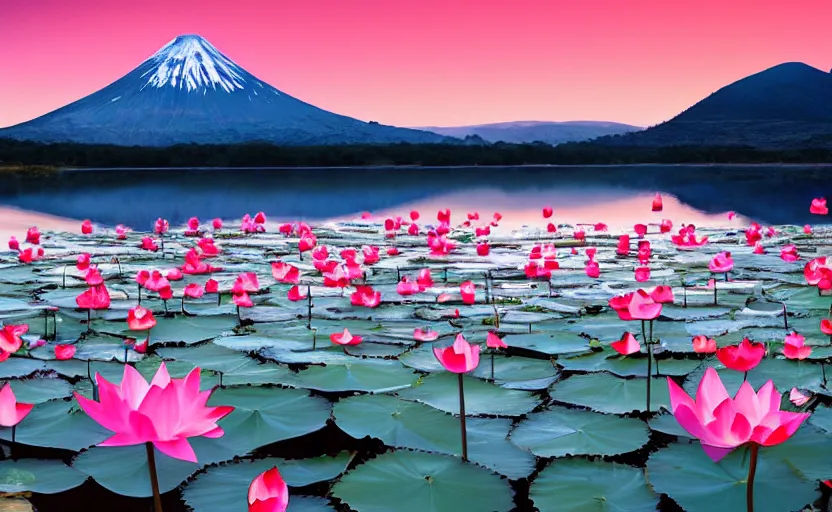 Prompt: professional photo of a snow topped volcano lit by the sunset, lotus flowers on the water, realistic, smooth light