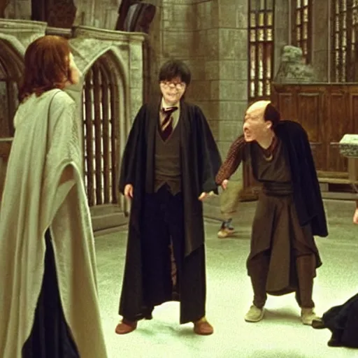 Image similar to harry potter using crucio on voldemort while ginny and cho chang applaud and ron cries