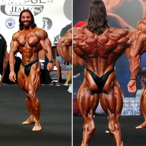 Prompt: Jesus Christ at Mr Olympia, hyperrealistic