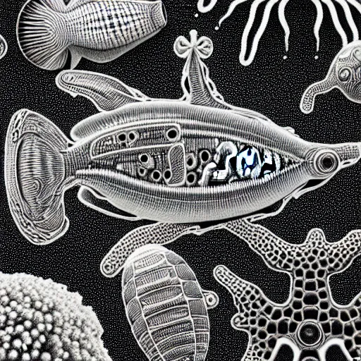 Image similar to a black and white drawing of a variety of sea life and filled with gundam mech equipment space station, a microscopic photo by ernst haeckel, zbrush central, kinetic pointillism, bioluminescence, intricate patterns, photoillustration