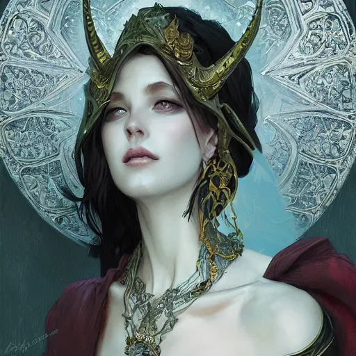 Prompt: character portrait of a evil lich princess, D&D, fantasy, intricate, elegant, highly detailed, digital painting, artstation, concept art, character design, smooth, sharp focus, illustration, art by wlop and greg rutkowski and alphonse mucha