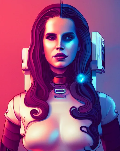 Image similar to portrait of lana del rey as a cyborg. intricate abstract. intricate artwork. by tooth wu, wlop, beeple, dan mumford. octane render, trending on artstation, greg rutkowski very coherent symmetrical artwork. cinematic, hyper realism, high detail, octane render, 8 k, iridescent accents