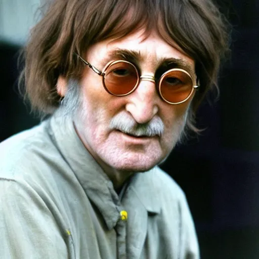 Image similar to A colored colorized photograph of old John Lennon as an old man in his eighties with short hair in the 2010s, Old John Lennon, taken in the late 2010s, taken on a 2010s Camera, realistic, hyperrealistic, very realistic, highly detailed, very detailed, extremely detailed, detailed, digital art, trending on artstation, headshot and bodyshot, detailed face, very detailed face, very detailed face, real, real world, in real life, very realistic