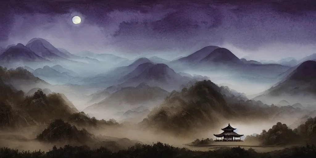 Image similar to a beautiful water color and ink painting of a large landscape, with a chinese temple, streams and rocks, moon disc, stars in the sky, at dawn, emerging sun and hills on the horizon some light fog by lee madgwick and wlop, trending on artstation, more dark purple color scheme, cinematic lights, fireflies