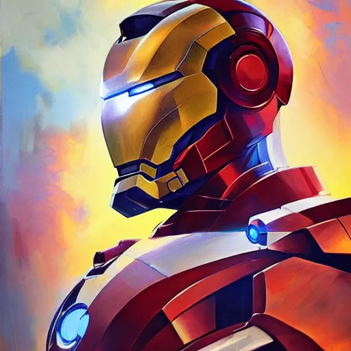 Image similar to greg manchess portrait painting of mecha tony stark ironman as overwatch character, medium shot, asymmetrical, profile picture, organic painting, sunny day, matte painting, bold shapes, hard edges, street art, trending on artstation, by huang guangjian and gil elvgren and sachin teng