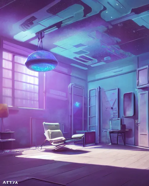 Prompt: artstation scifi scene of a safe room as ikea ad, lounge furniture, sky mural on the room ceiling, holographic gitchart windows, large terrarium, paneled walls, unreal engine 5, hyper realism, realistic shading, cinematic composition, blender render, octane render, hdr, detailed textures, photorealistic, wide shot