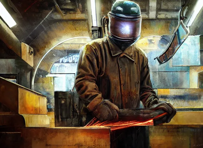 Prompt: welder with welding masks in subway, leaning forward, in the style of craig mullins