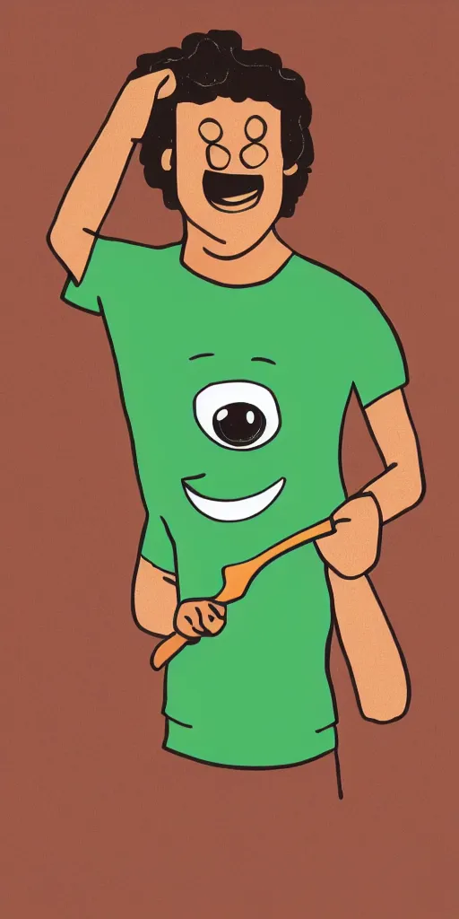 Image similar to catalog illustration of a spoon with eyes and a smile with a green tshirt on