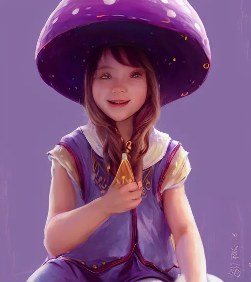 Image similar to a beautiful little girl wearing a mushroom hat sitting | | cute - fine - subtle smile, curved purple hair, face, pretty face, fine details by stanley artgerm lau, wlop, rossdraws, james jean, andrei riabovitchev, marc simonetti, and sakimichan, trending on artstation