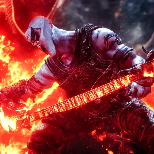 Prompt: glowing eyes evil kratos shredding on a flaming stratocaster guitar, cinematic render, god of war 2 0 1 8, santa monica studio official media, flaming eyes, lightning