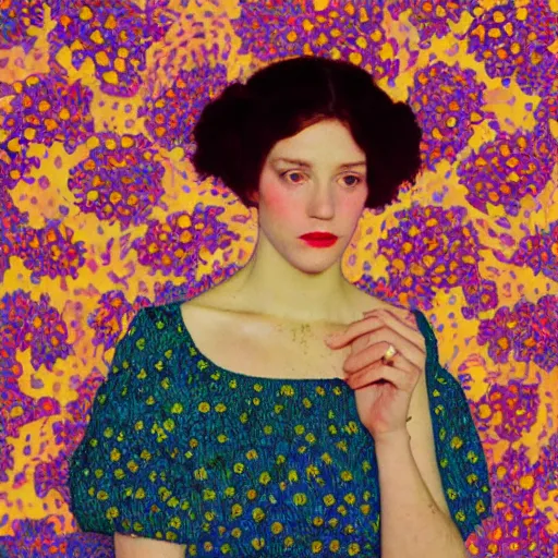 Prompt: a lot of flowers morphing in a beautiful girls face, film still by wes anderson, depicted by klimt, limited color palette, very intricate, art nouveau, highly detailed, lights by hopper, soft pastel colors, minimalist