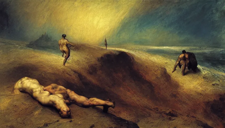 Image similar to the struggle of mankind by william turner, by theodore gericault, by caspar david friedrich, by zdislaw beksinski, oil painting, romantism, realism, limited palette