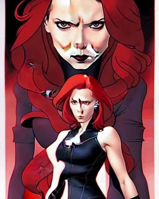 Image similar to phil noto comicbook cover art, black widow marvel, symmetrical eyes, long red hair, full body, city rooftop