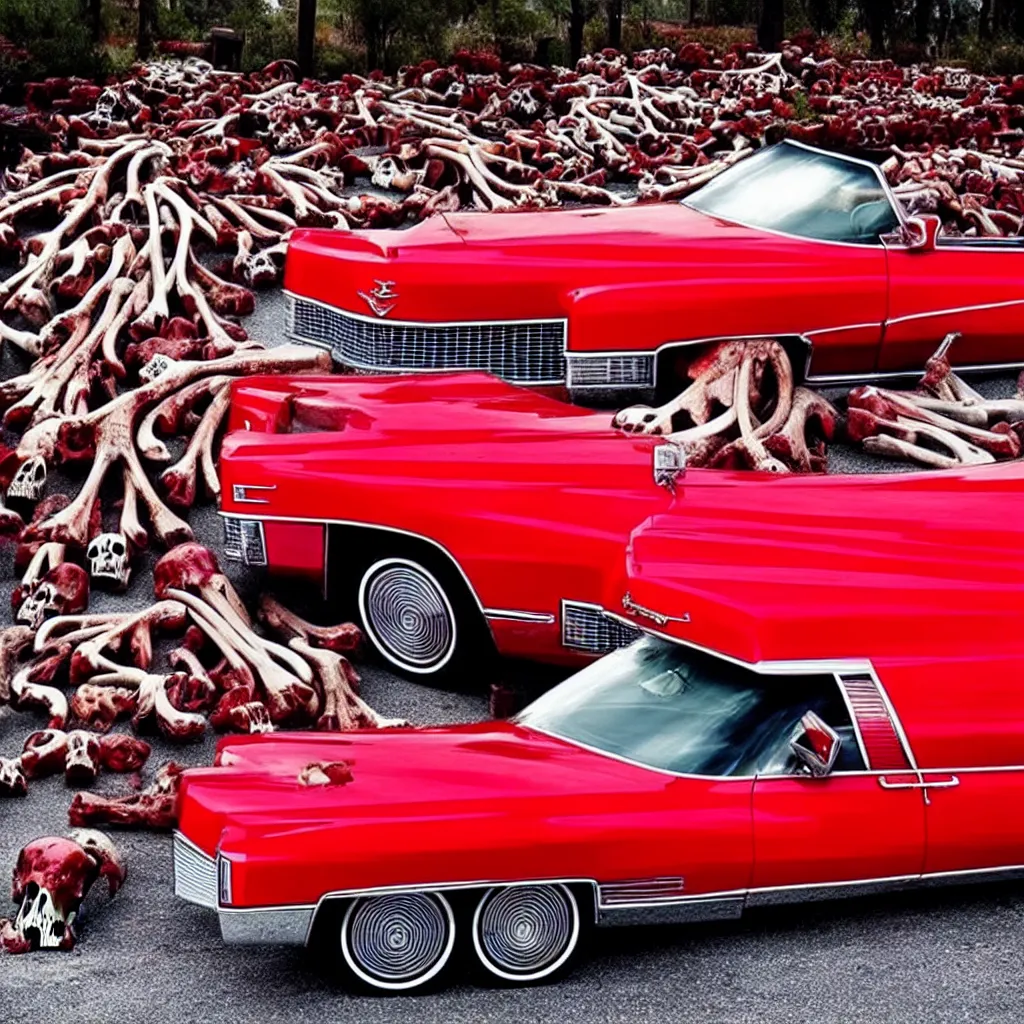 Prompt: red Cadillac Eldorado, stands at a fork, next to a pile of skulls and bones. neon