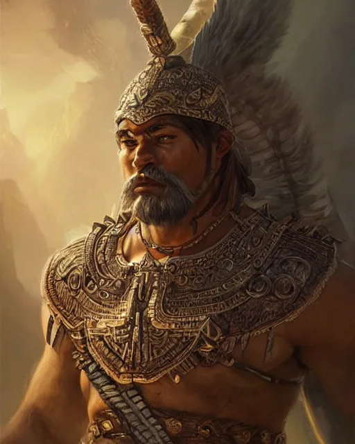 Prompt: ultra realistic handsome mayan warrior, fantasy, intricate, elegant, highly detailed, digital painting, artstation, concept art, smooth, sharp focus, illustration, edge highlights, beautiful light and shadows, art by filipe pagliuso and justin gerard