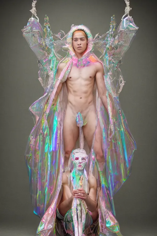 Image similar to full-body rococo and cyberpunk delicate neon crystalline sculpture of ((muscular slender albino prince Nick Jonas con la piroca dura)) as an iridescent humanoid deity wearing a thin see-through ((plastic hooded cloak)) sim roupa (holding a human skull), reclining con (((las piernas abiertas))), glowing pink face, crown of (((white lasers))), large diamonds, swirling black silk fabric. futuristic elements. oozing glowing liquid, full-length view. space robots. intricate artwork by caravaggio. Trending on artstation, octane render, cinematic lighting from the right, hyper realism, octane render, 8k, depth of field, 3D