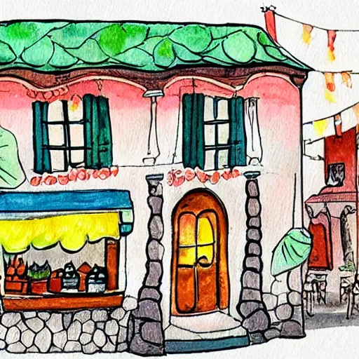 Image similar to beautiful cute cozy very little cafe on a cobblestone street, cute cartoon, watercolor, 4 colors