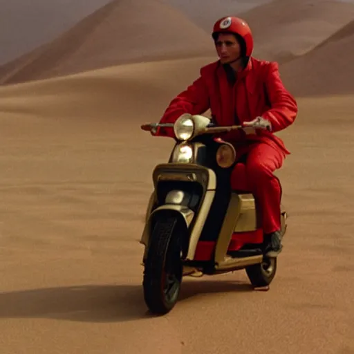 Image similar to a man in a red bomber jacket riding a moped through the desert, film still by Wes Anderson