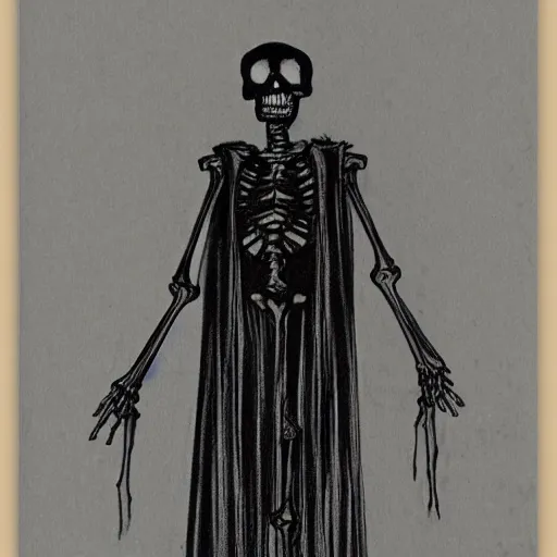 Image similar to a 80's drawing of a skeleton in black cloak