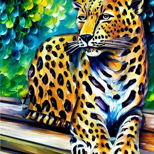 Image similar to by leonid afremov leopard print exciting. a sculpture of a blind woman sitting on a bench in a park in new york city