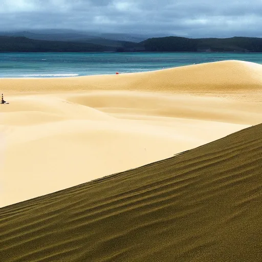Prompt: sandboarding sandhills and seascape hokianga, ghibli, cinematic composition, wide shot, digital art