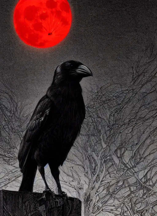 Image similar to portrait, A crow in front of the full big moon, book cover, red white and black colors, establishing shot, extremly high detail, foto realistic, cinematic lighting, pen and ink, intricate line drawings, by Yoshitaka Amano, Ruan Jia, Kentaro Miura, Artgerm, post processed, concept art, artstation, matte painting, style by eddie mendoza, raphael lacoste, alex ross