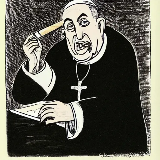 Image similar to a caricature of the pope smoking a cigar, drawing, caricature