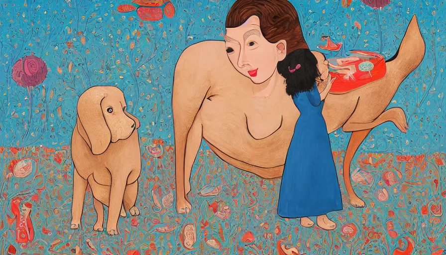 Image similar to a painting of a woman and a dog, a surrealist painting by james jean, behance contest winner, naive art, storybook illustration, egyptian art, whimsical