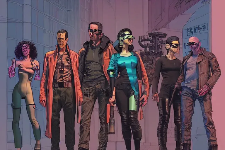 Image similar to cyberpunk heist crew. portrait by stonehouse and mœbius and will eisner and gil elvgren and pixar. character design. realistic proportions. dystopian. cyberpunk 2 0 7 7 character art, blade runner 2 0 4 9 concept art. cel shading. attractive face. thick lines. the team. diverse characters artstationhq..