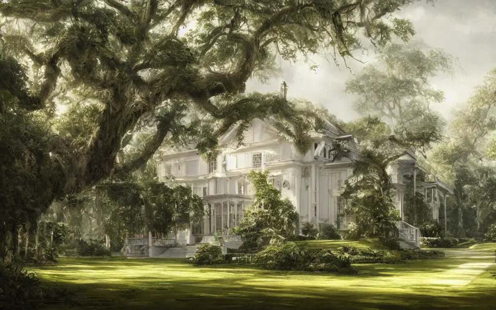 Prompt: a white manor house on a lush southern plantation with a tree-lined driveway, romanticism, hyperdetailed, artstation, cgsociety, 8k, masterpiece, sharp