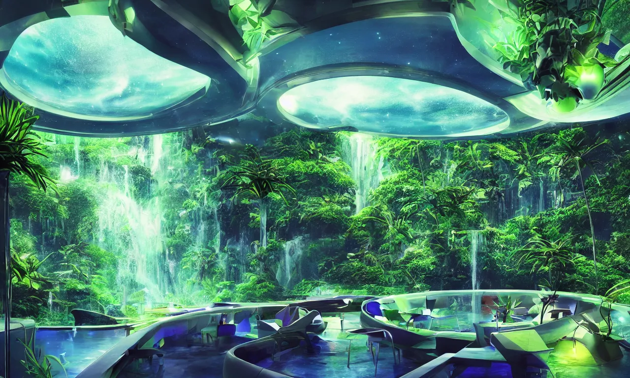 Prompt: interior shot of paradise inside of a spaceship for humans in deep space, night club vibes, celestial objects in the background outside massive windows, natural, green plants, water features, waterfalls, epic cinematic composition, vibrant colors, fine details, hyperrealism, photograph