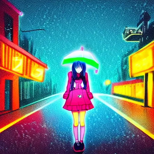 Image similar to a cute anime girl wearing a cat hoodie holding an umbrella walking in a neon lit street in the rain in the style of america mcgee's alice